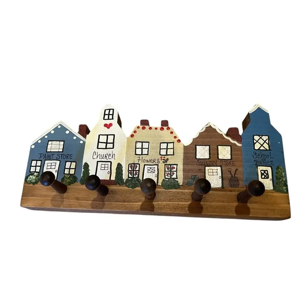 Vtg Handpainted Folk Art 5 Peg Key Rack Holder CottageCore Kitsch 9” Jewelry